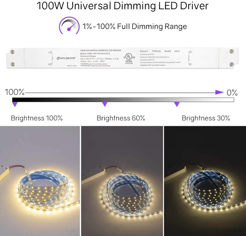 HitLights 100W Dimmable LED Driver Transformer, Power Supply 100-277V AC to 12V gallery