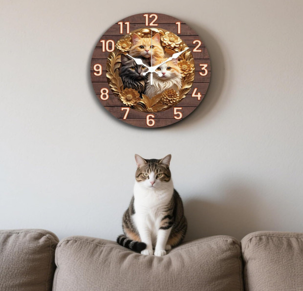 CHGCRAFT Cat and Flower Pattern Wall Clock 12 Inch Non-Ticking Clocks Flat Print gallery
