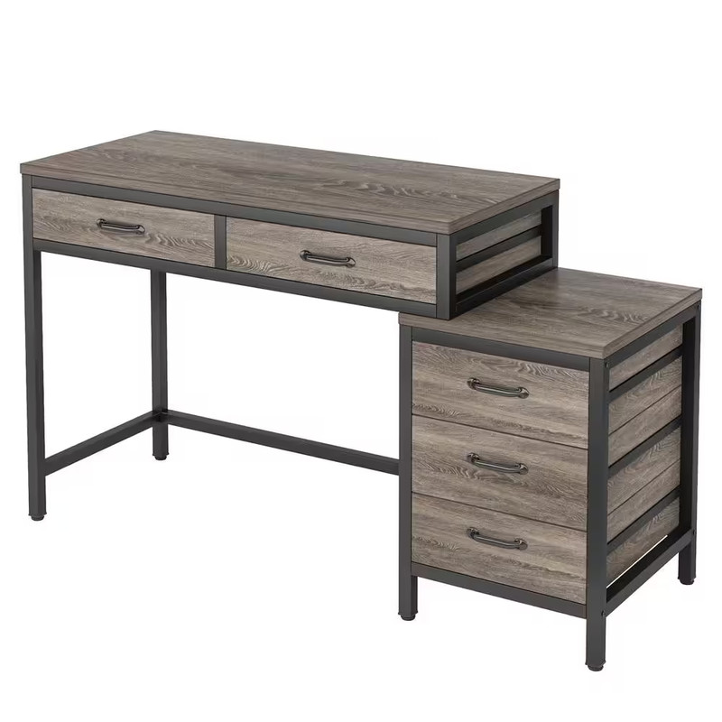 Cassey 51 In. Rectangular Industrial Gray Wood 5-Drawer Computer Desk, Revers... gallery