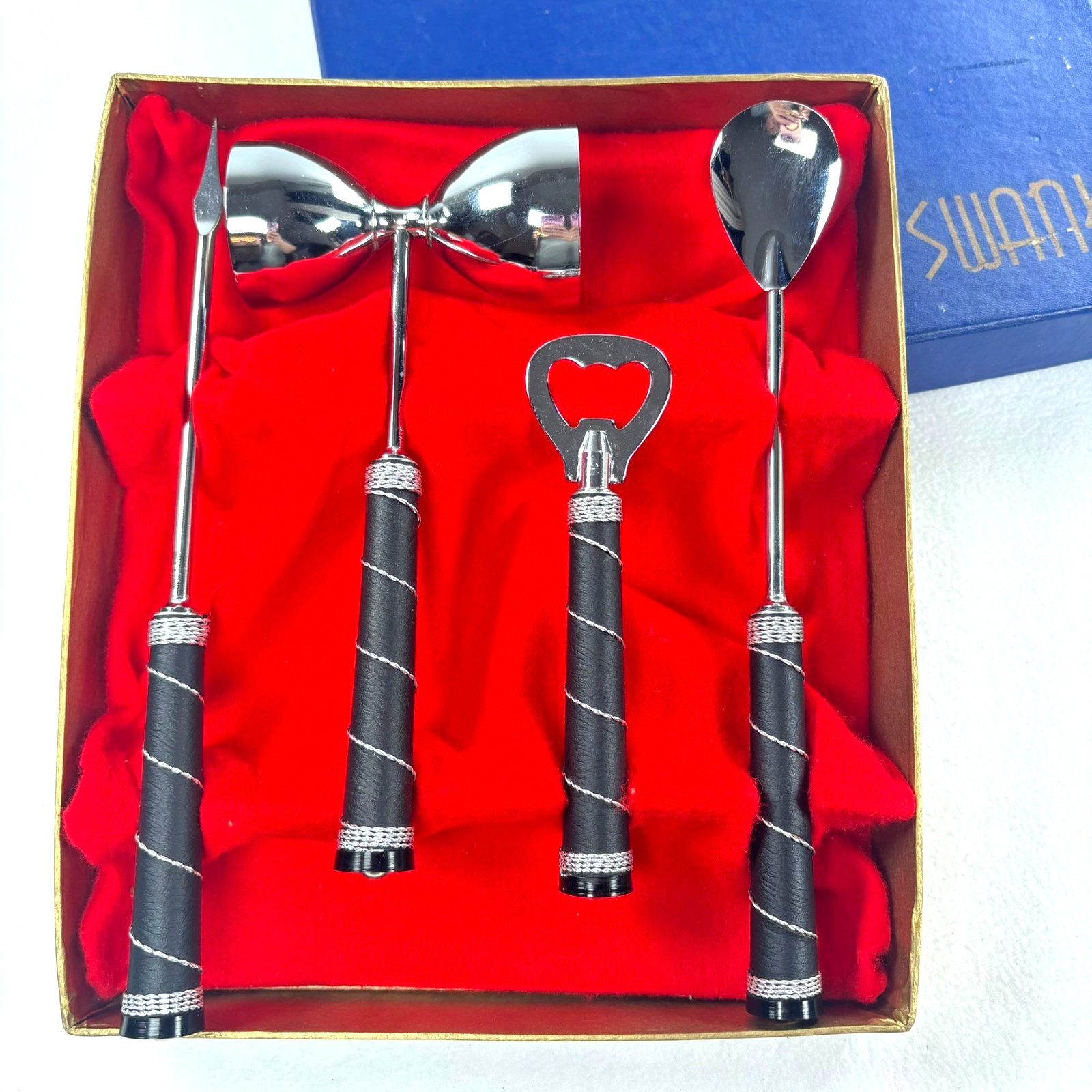 Swank Barware Set Unisex OS Silver Black Faux Leather Wrapped Mid Century Modern gallery