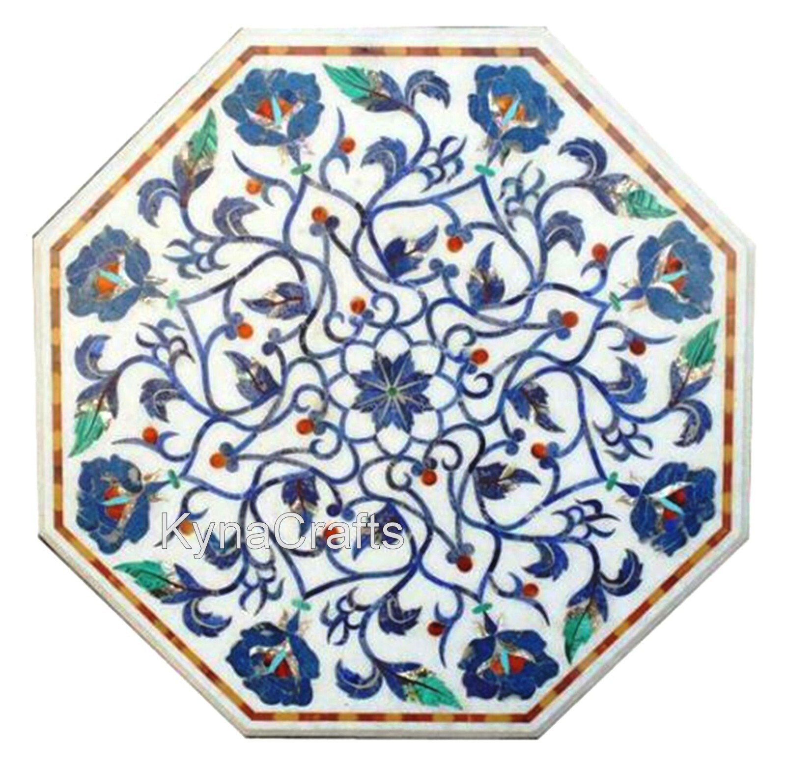 White Marble Coffee Table Top Lapis Lazuli Stone Inlay Work Side Table for Lawn gallery