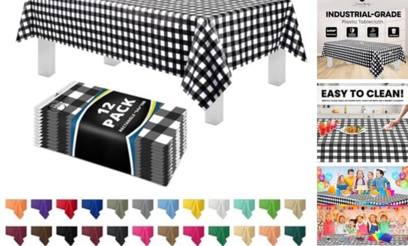 12 Pack Premium Disposable Plastic 54in. x 108in. Rectangle Black Gingham gallery