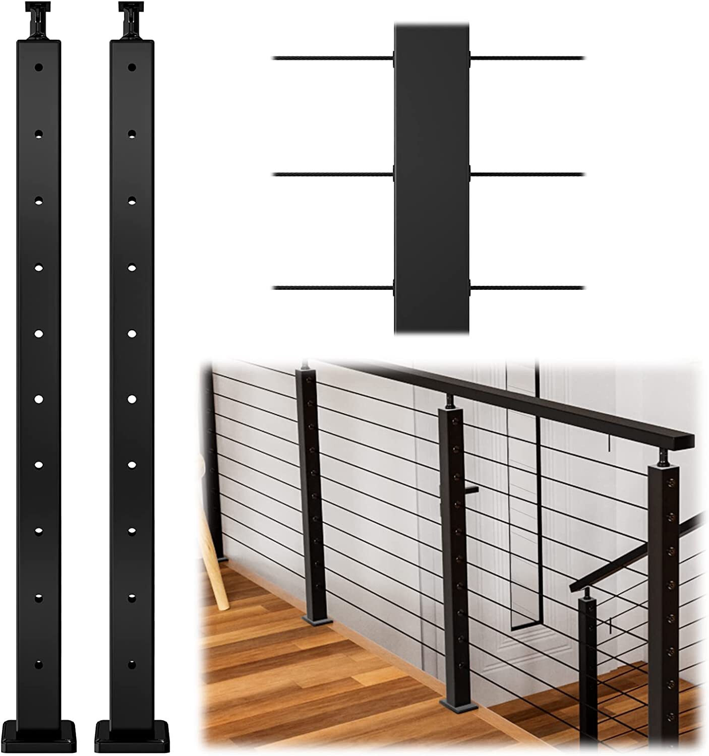 Level drilled Cable Railing Post 36"x2"x2"(Post Body 33") Stainless Steel Black gallery