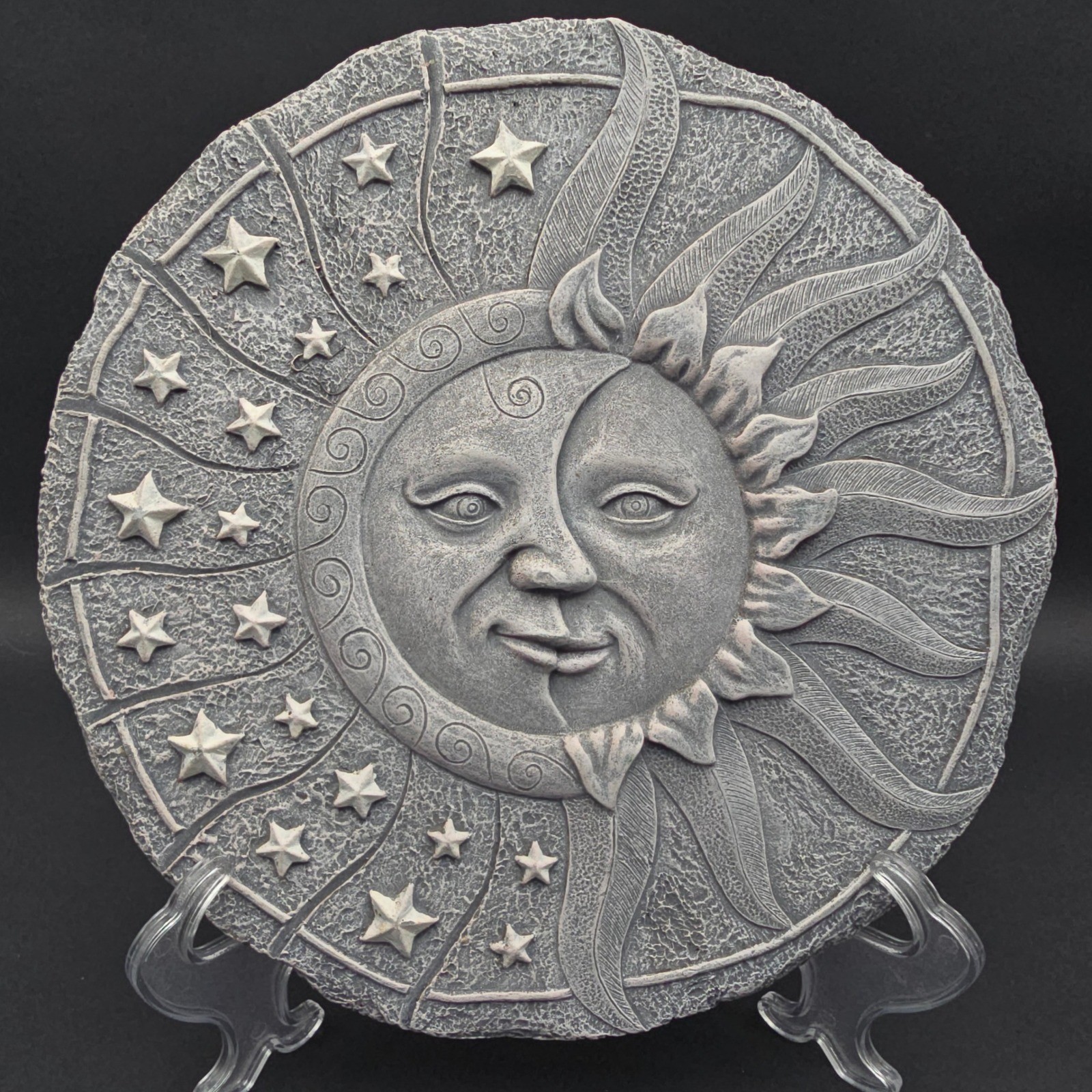 Celestial Sun Moon Stars Wall Plaque Gray Stone Look Garden Decor 10 Inch Round gallery