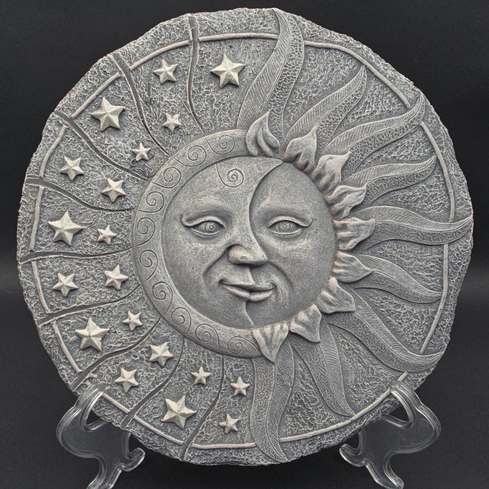 Celestial Sun Moon Stars Wall Plaque Gray Stone Look Garden Decor 10 Inch Round