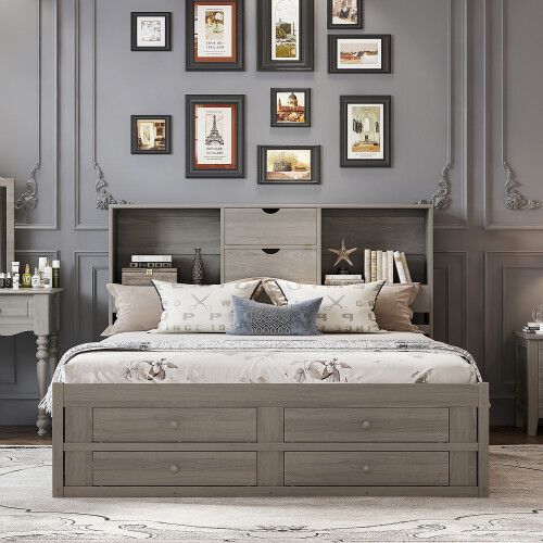 Queen King Size Platform Bed with Storage Drawers Bookcase Headboard Bed Frames gallery