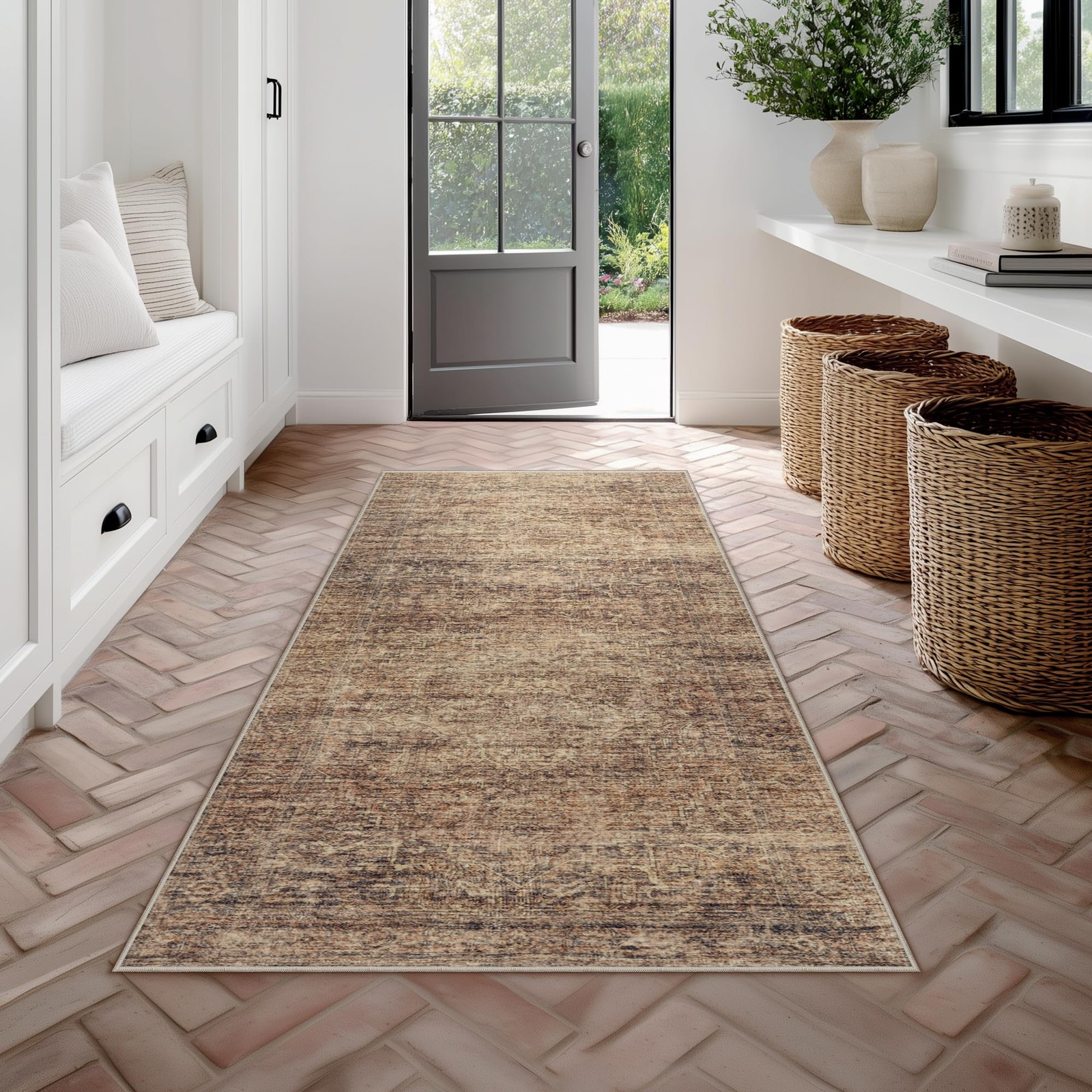 Fmfunctex 2X6 Hallway Runner Rug Rust Brown Vintage Neutral Washable Distressed gallery