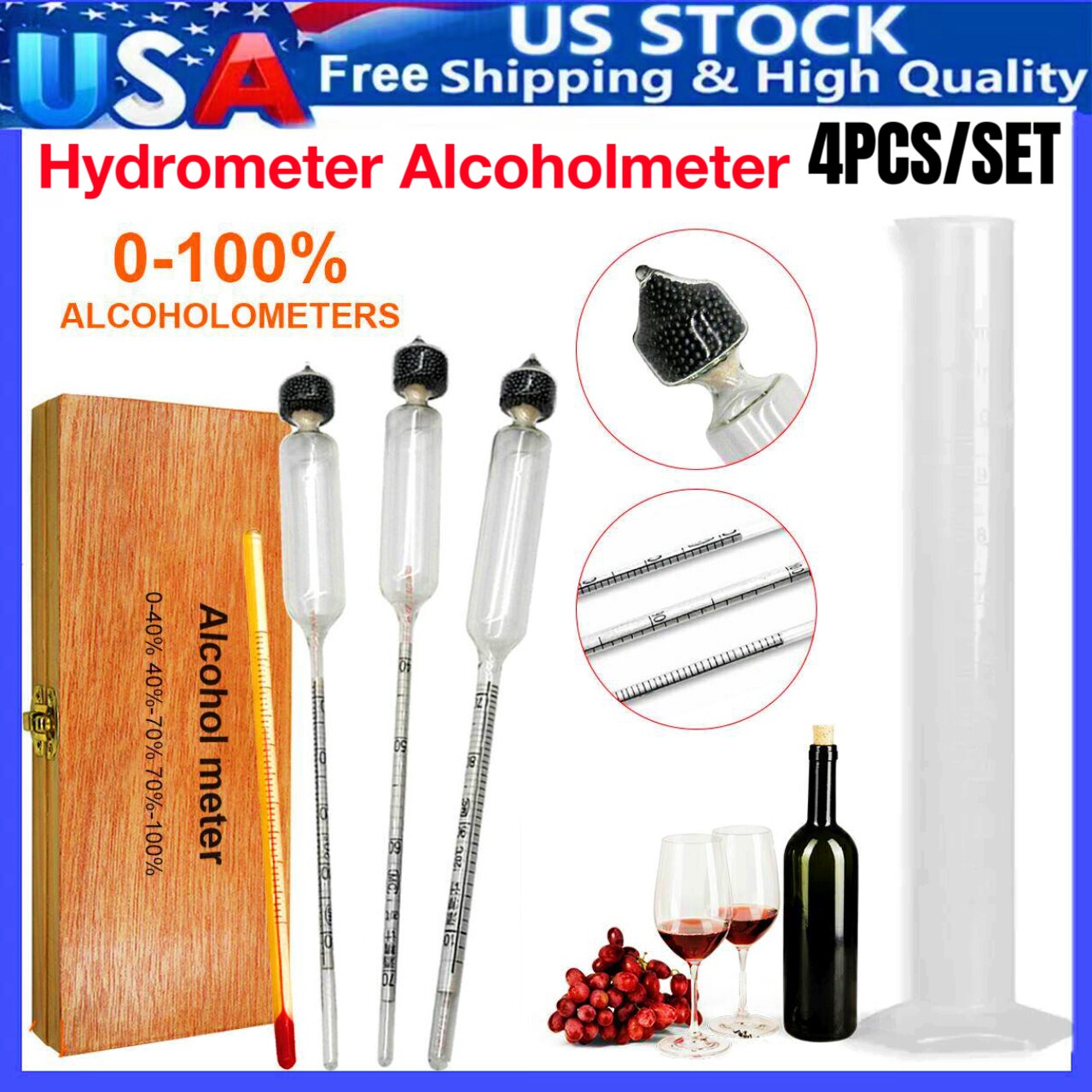 4Pcs/Set 0 To 100% Alcohol Meter Tester+Test Jar+Storage Case Whisky Moonshin gallery