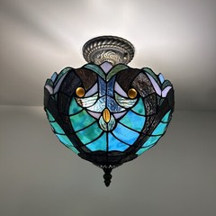 Tiffany Style Ceiling Light Fixture Green Brown Stained Glass LED Bulbs 12″H12″W
