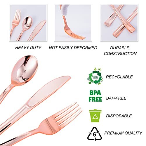 N9R 300PCS Rose Gold Plastic Silverware Heavy Duty Plastic Cutlery Set Dispos... gallery