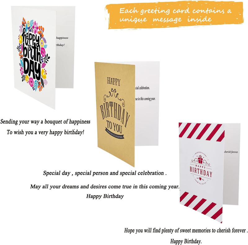60 Unique Birthday Cards - Assorted Happy Birthday Cards, 5 x 7 inches, With Mes gallery