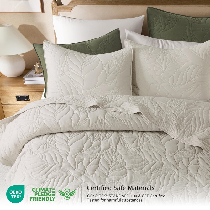 Beige King Size Quilt Set, Neutral Soft Lightweight Bedspread, Farmhouse Rustic gallery