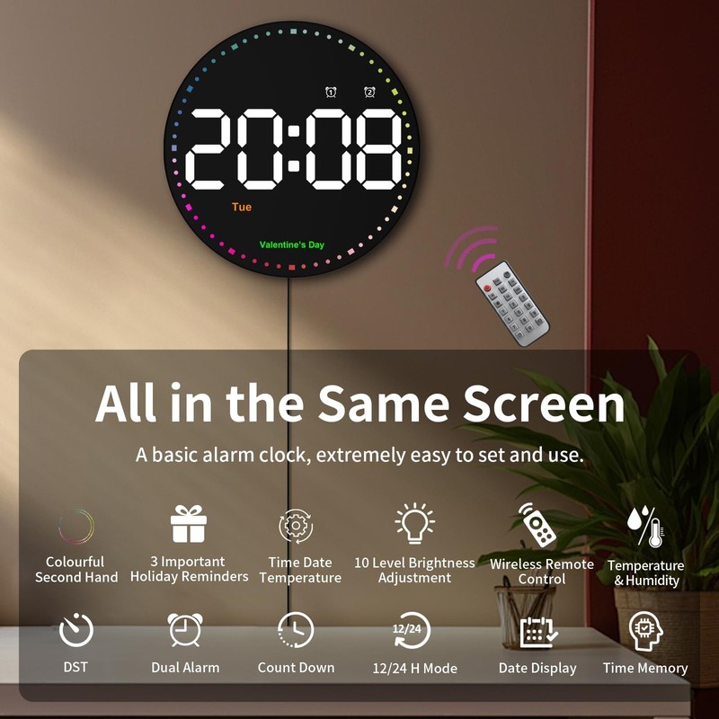 Digital Wall Clock with Remote Control, 10" Wall Clock with Large Display, Di... gallery