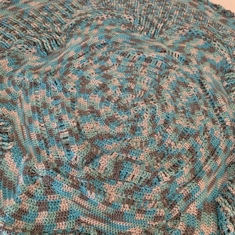 New Afghan Blanket Throw Handmade Crochet Variegated Blue Teal Gray 4.5’ Round gallery