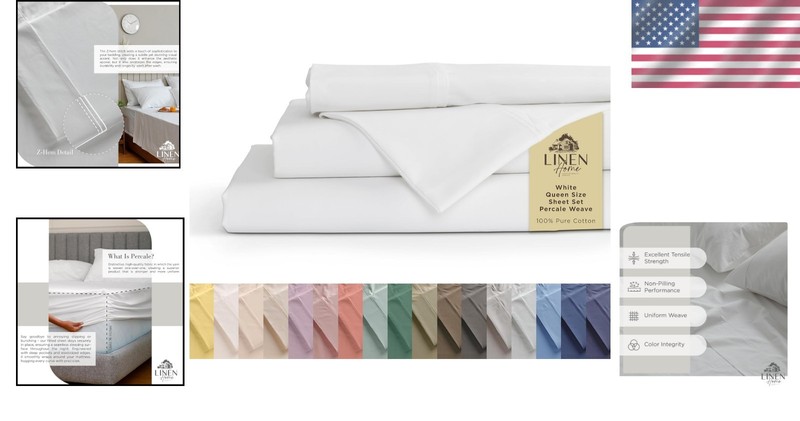 Cotton Percale Sheets Queen Size Bed Linen White Deep Pocket 4 Pieces gallery