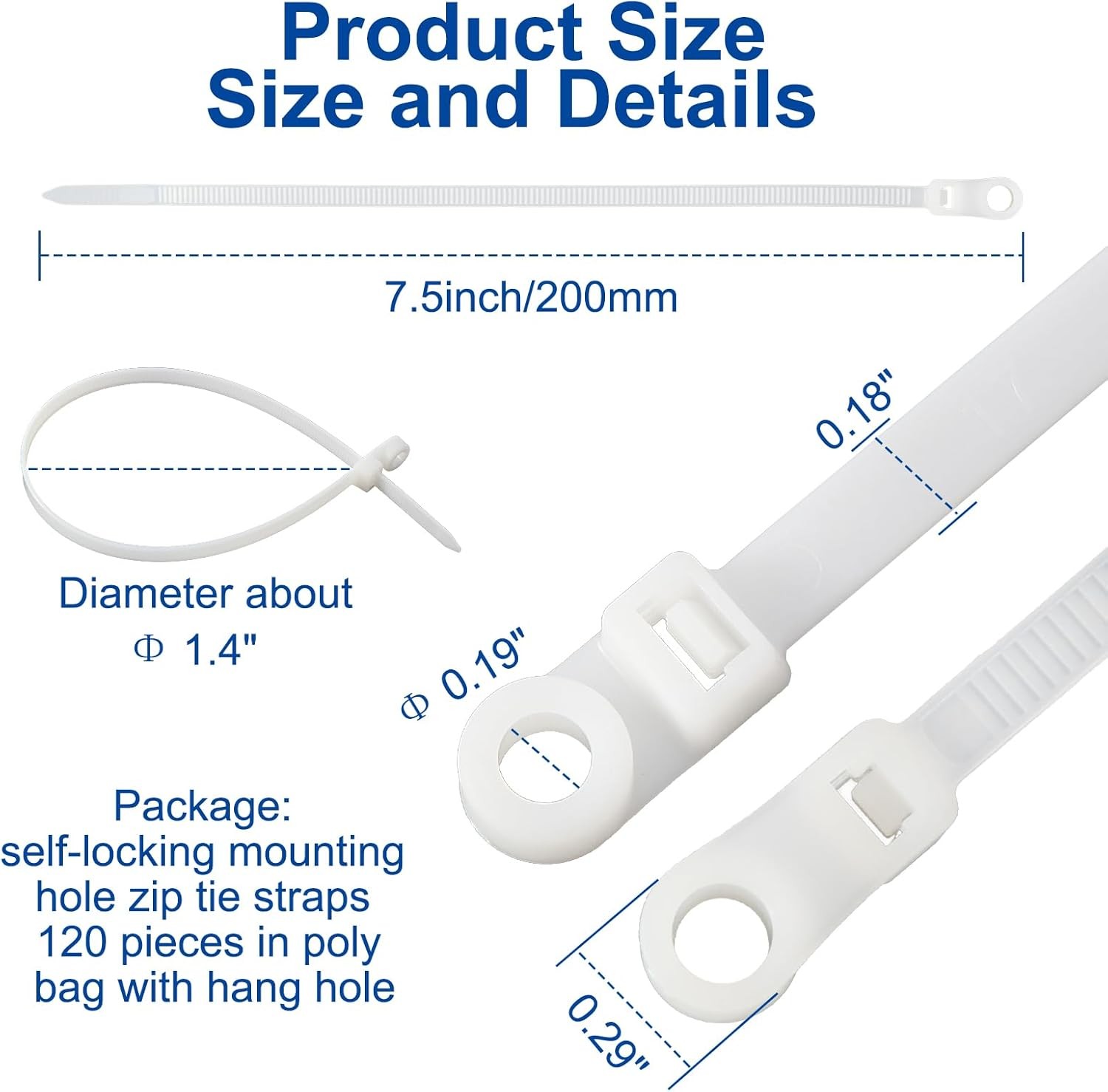 120 PCS 7.5 Inch Plastic Zip Ties with Screw Holes, Heavy Duty Mountable Cabl... gallery