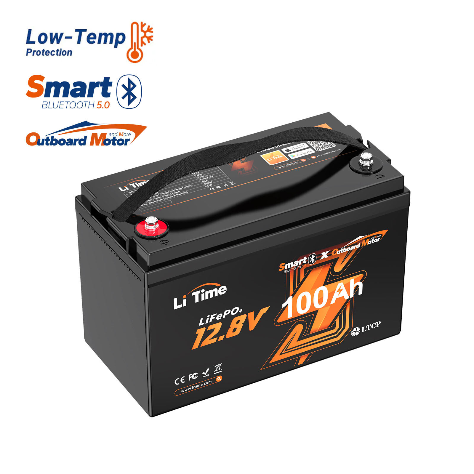 LiTime 12V 100Ah OBM Bluetooth LiFePO4 Lithium Battery Born For Outboard Motor gallery