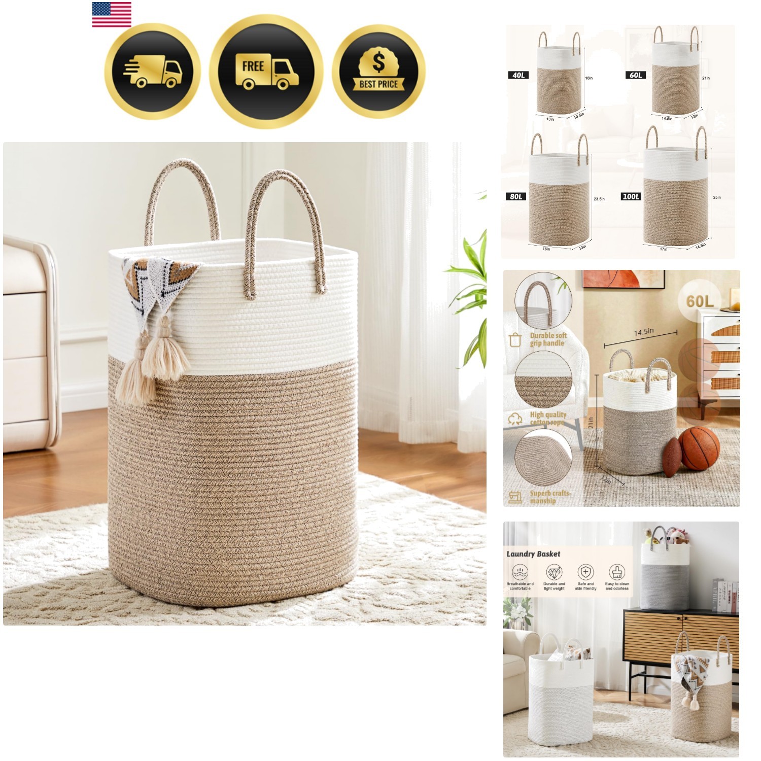 Laundry Basket,Woven Cotton Rope Laundry Hamper,Versatile Storage for Dirty C... gallery