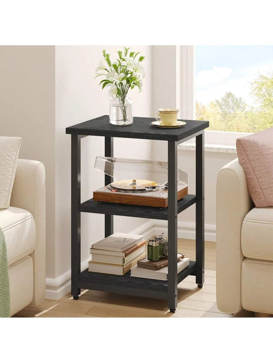 Modern 3-Tier Rectangular Side Table Black Wood Grain Living Room gallery
