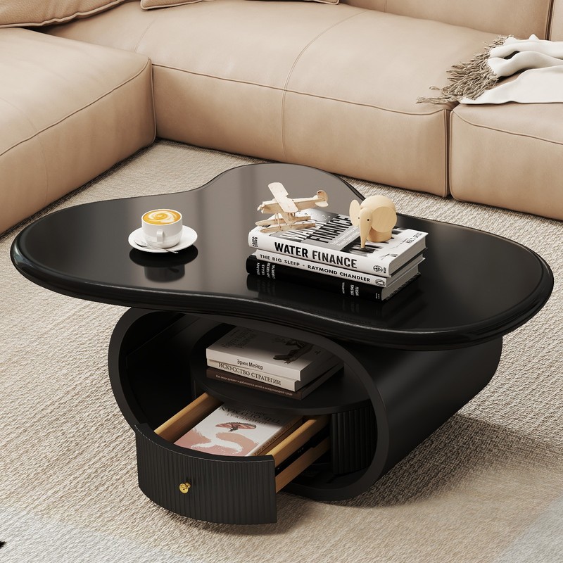 Modern Black 39" Coffee Table Cloud Center Table MDF Metal with Drawer gallery