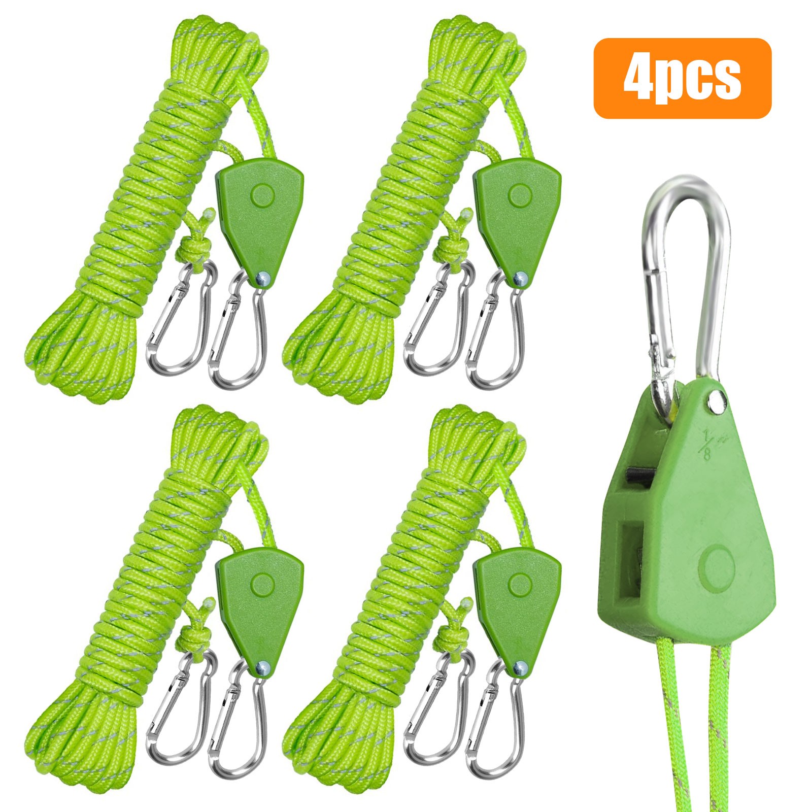 4x Adjustable Rope Pulley Ratchet Tie Down 150LB Reflective Tent Guy Line 13.1FT gallery