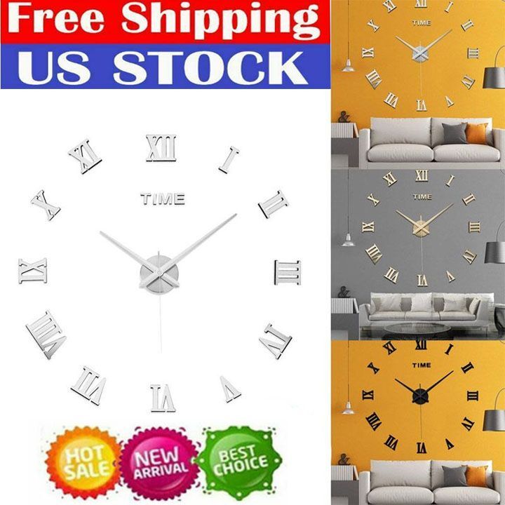 Large 3D Mirror Surface Wall Clock Modern DIY Sticker Office Home Shop Decor USA