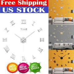 Large 3D Mirror Surface Wall Clock Modern DIY Sticker Office Home Shop Decor USA