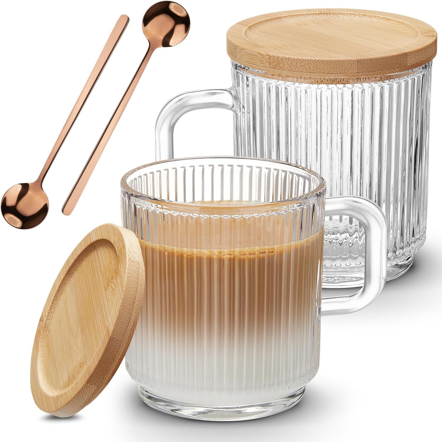 2 PACK Glass Coffee Mugs with Handle & Spoon, 12 OZ Glass Coffee Cups gallery