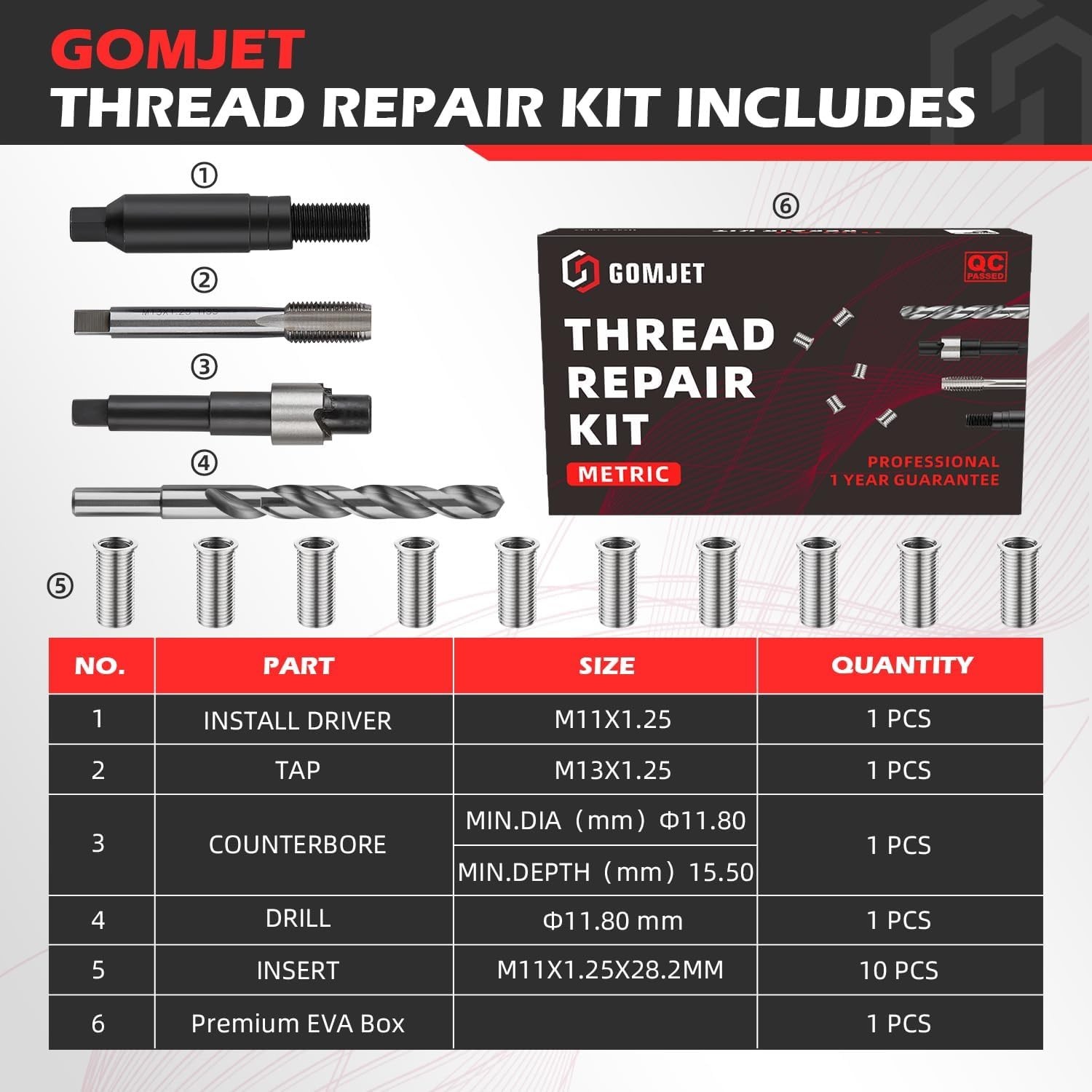 M11X1.25 Metric Thread Repair Kit, with M11X1.25X28.2MM Stainless Steel Insert Q gallery