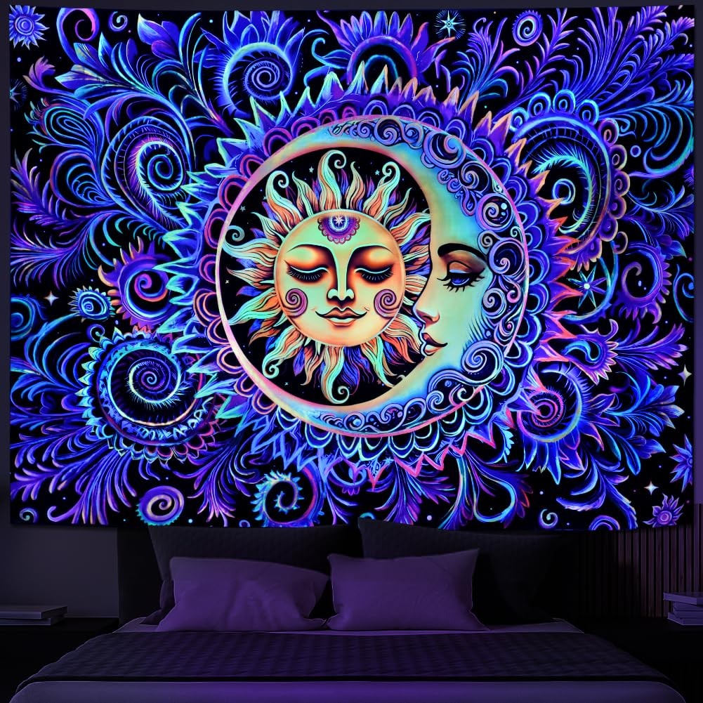 Blacklight Sun and Moon Tapestry Psychedelic Mystic Floral Tapestry UV Reactive gallery