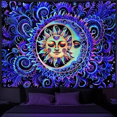 Blacklight Sun and Moon Tapestry Psychedelic Mystic Floral Tapestry UV Reactive