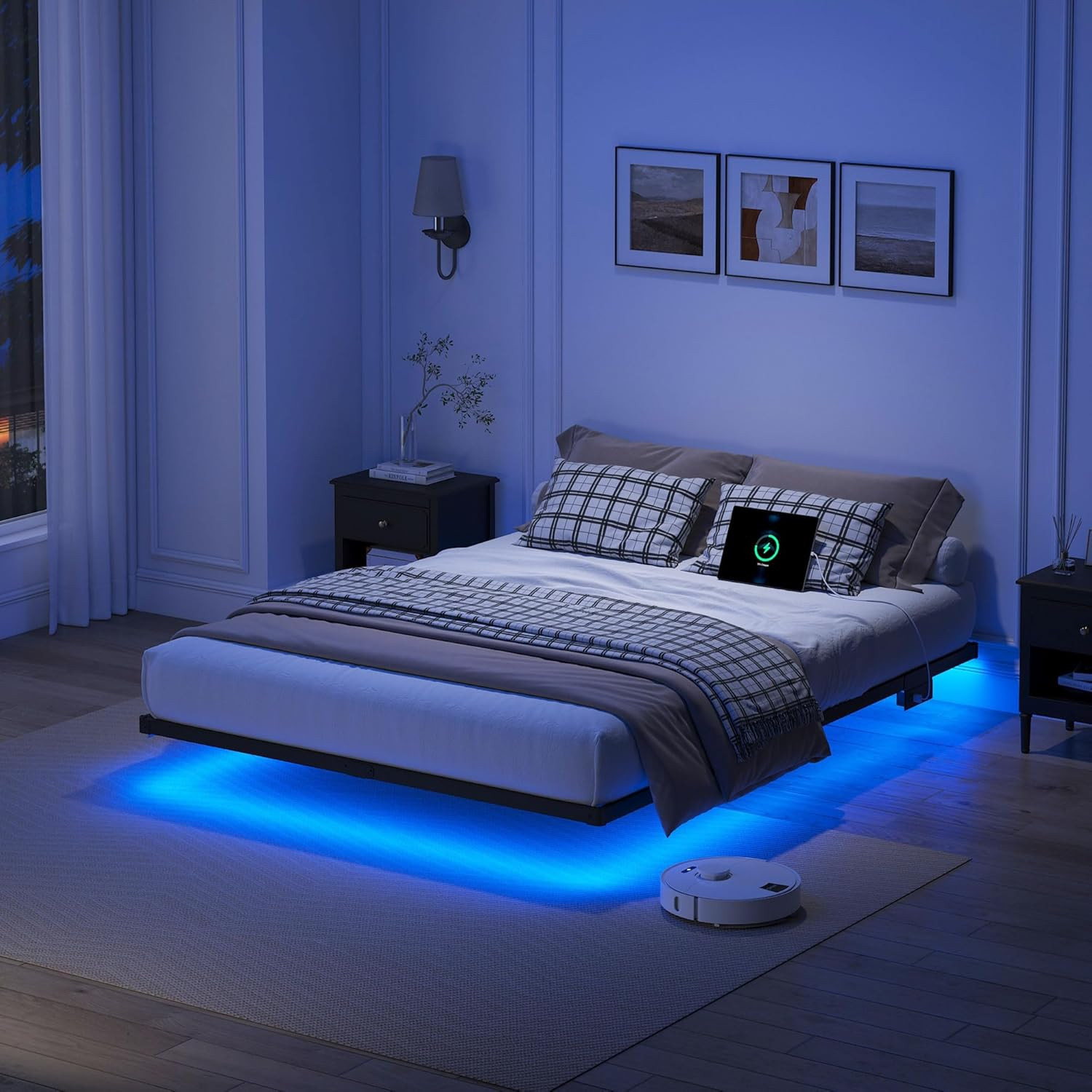 Full Size Floating Bed Frame with LED Lights & Charging Station, Easy Assembly gallery