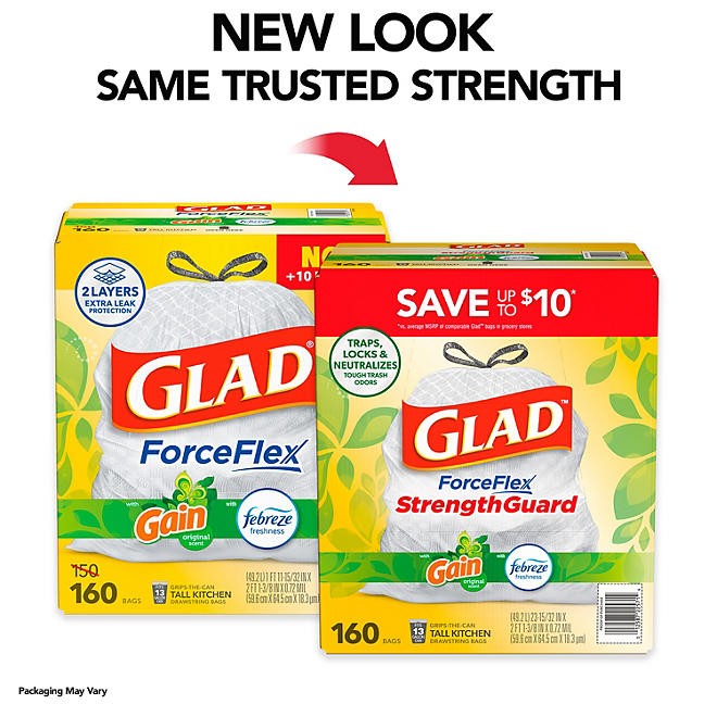Glad ForceFlex 13-Gallon Kitchen Trash Bags, Gain Original Scent + Febreze, 160 gallery