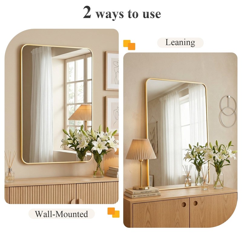 20-48" Rectangular Bathroom Mirror w/Round Corners&Metal Frame,Wall Mounted Lean gallery