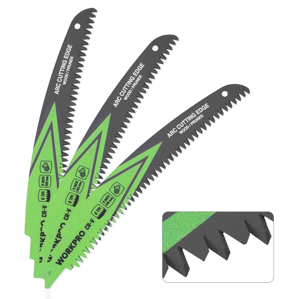 WORKPRO 3PC 9" Arc Wood Pruning Reciprocating Saw Blades Set 6TPI Japanese Teeth