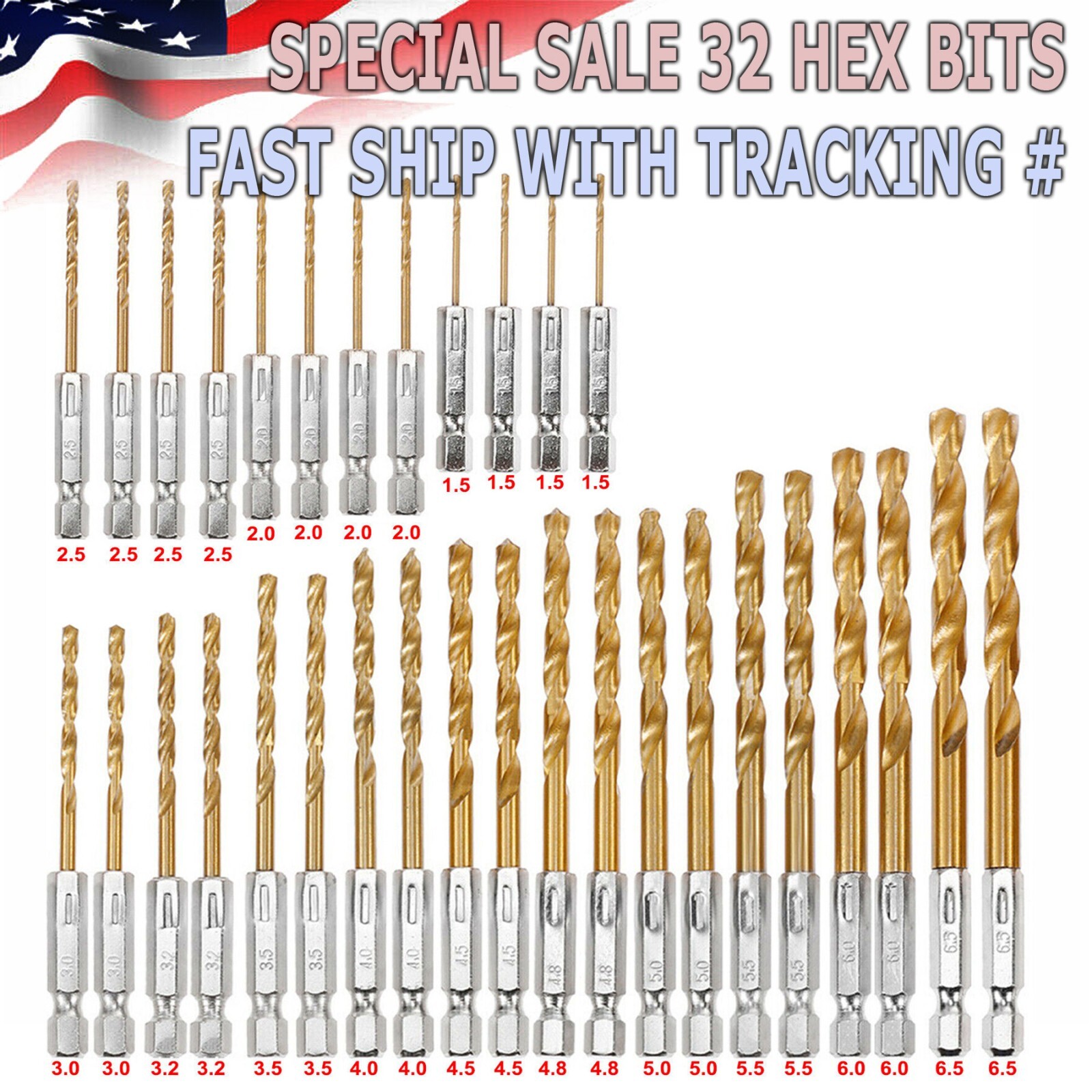 32PCS Drill Bit Set Titanium Coated HSS High Speed Steel Hex Shank Quick Change gallery