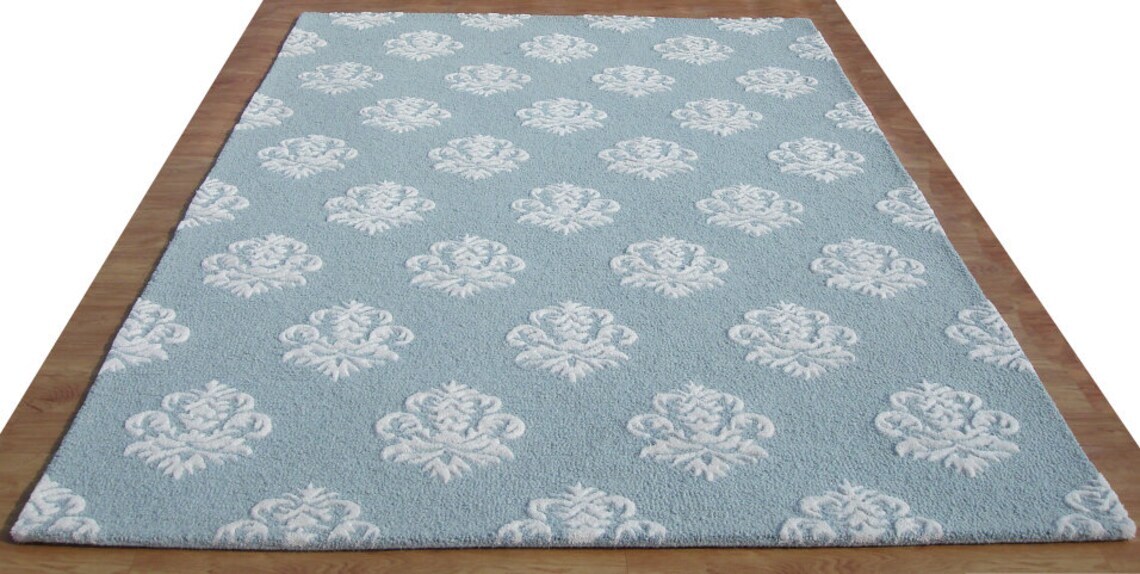 Damask Blue Loop & Cut Pile Hand-Tufted 100% Wool Handmade Area Rug Carpet for gallery