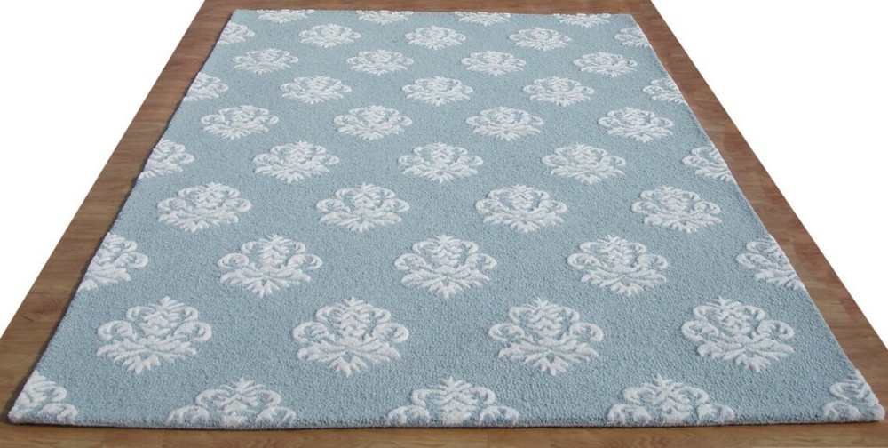 Damask Blue Loop & Cut Pile Hand-Tufted 100% Wool Handmade Area Rug Carpet for