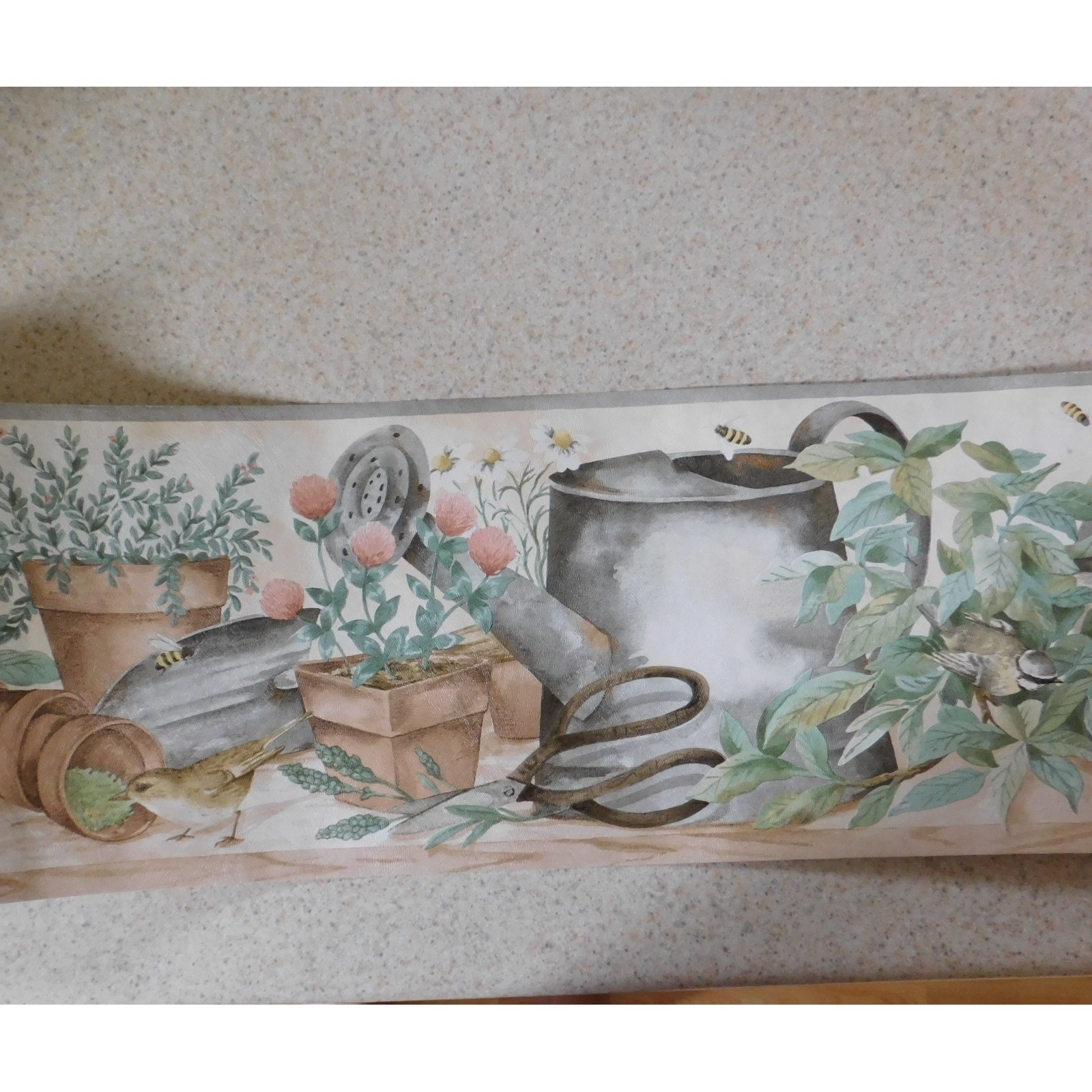 VTG Cottagecore Wallpaper Border Flower Pots Bird Feeder Birds 15 Yards gallery