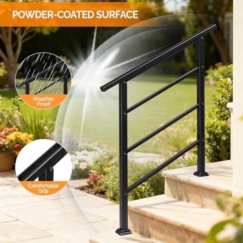 Stair Handrails for Outdoor Steps, Wrought Iron Hand 2 to 3 Steps 1 Black gallery