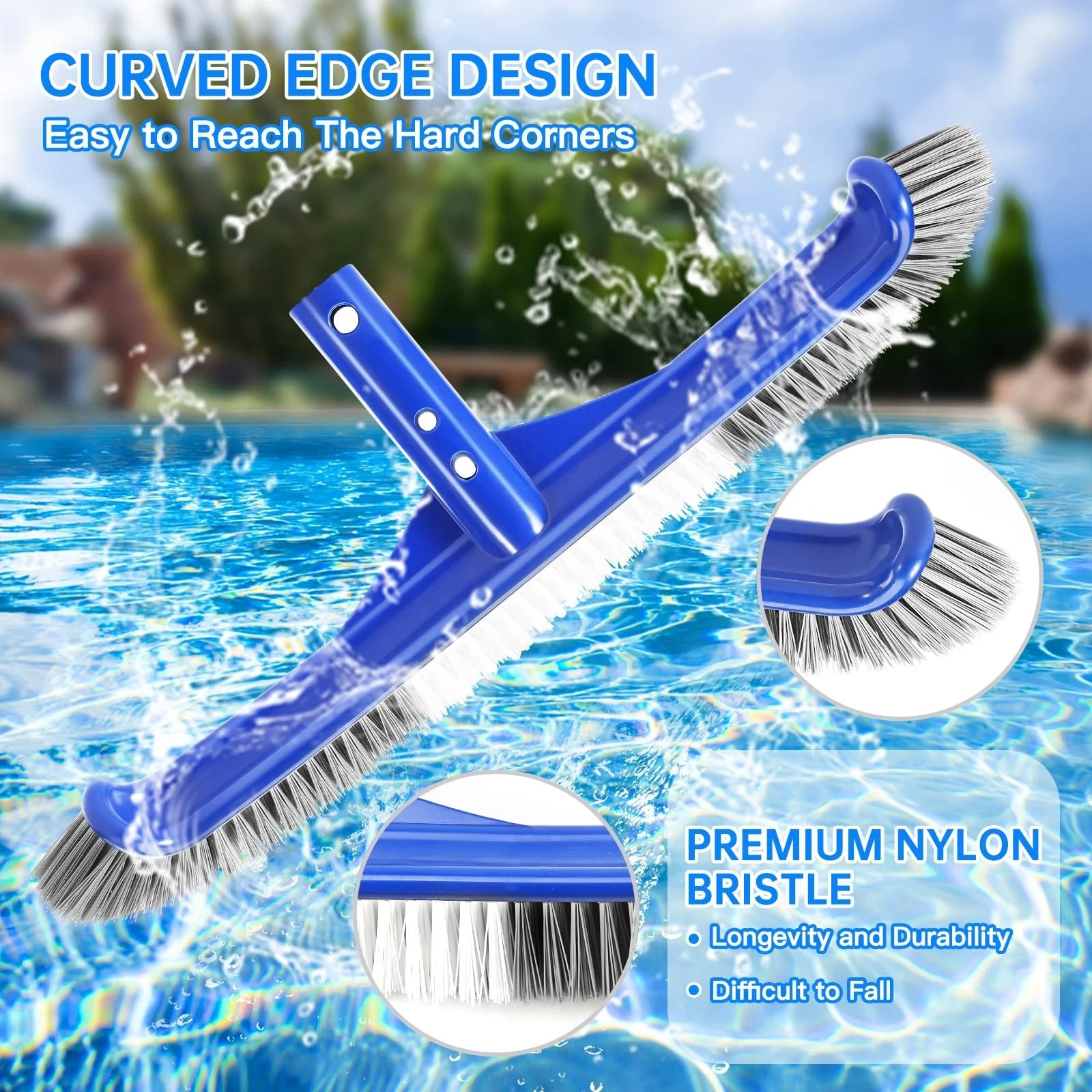 Pool Brush Head 17" Pool Brushes Cleaning Walls Curved Ends Nylon EZ Clip gallery