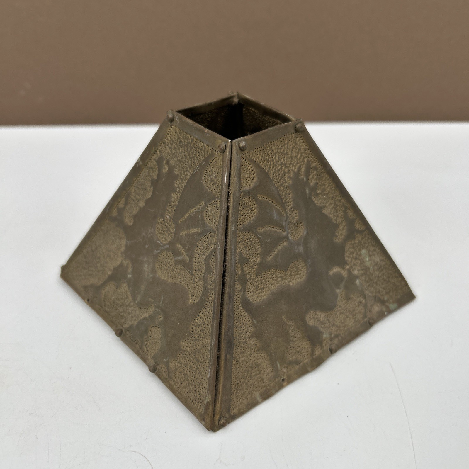 ANTIQUE Mini BRASS Dragon Gargoyle HAND PUNCHED PIERCED HOLES LAMP SHADE gallery