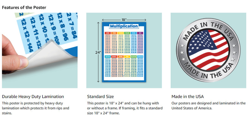 Math Multiplication Table Poster For Kids Table Chart LAMINATED 18" X 24" Size gallery