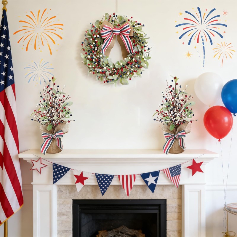 2 Pack 4th of July Artificial Tree Tabletop Decor Patriotic Tree Red Blue White gallery