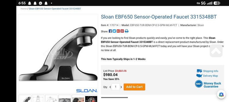 Sloan Optima Plus EBF650 Battery Sensor Bathroom Faucet Chrome (full set) gallery