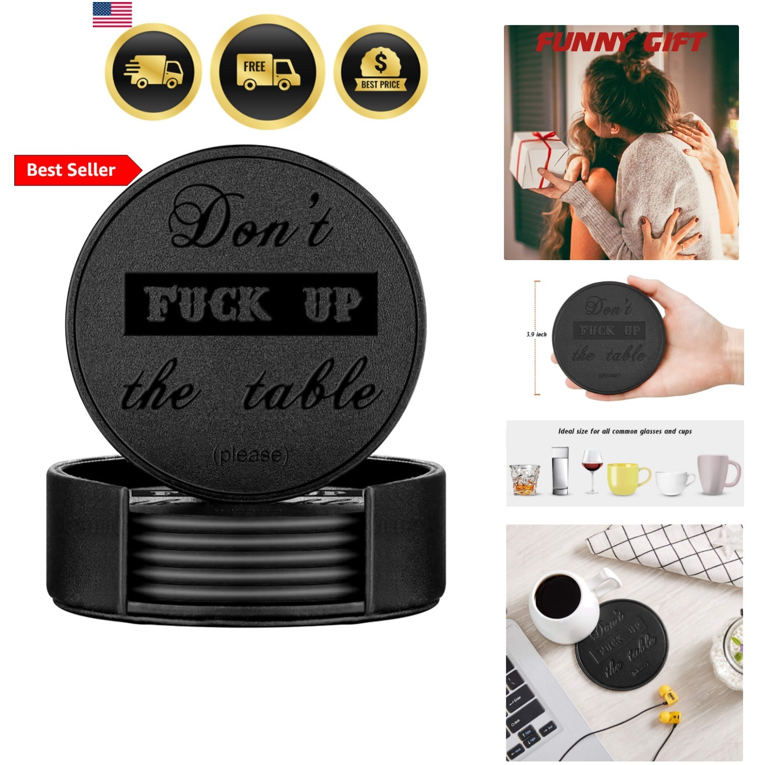 Funny Coasters Leather Coasters 6 Pcs Black Round Drink Coasters with Holder gallery