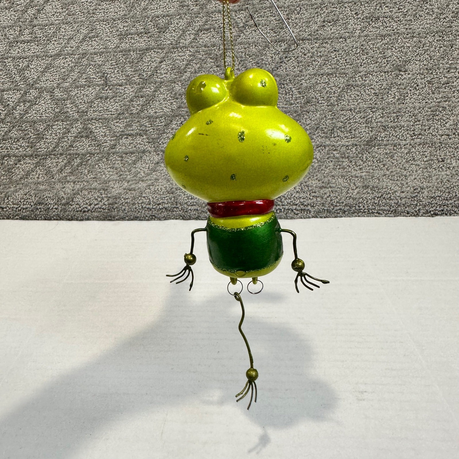 Whimsical Hanging Frog Ornament Green Red Bow Missing leg gallery
