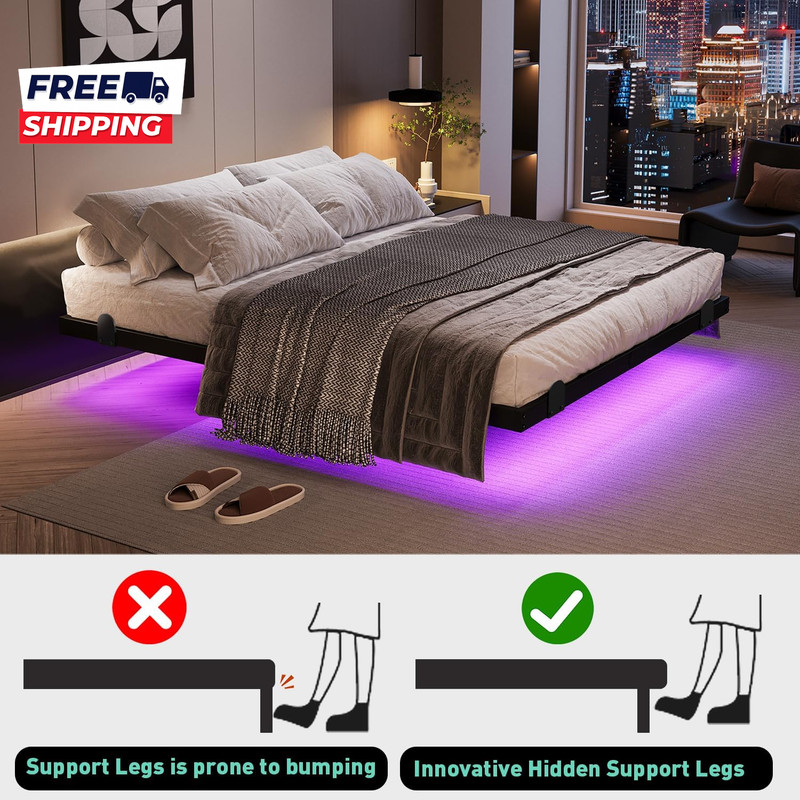 Floating Bed Frame with LED Lights and Charging Station 14 Inch King Size gallery