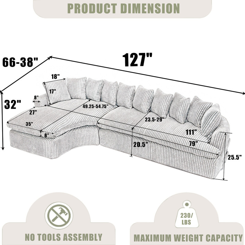 127'' Large Sectional Sofa L-Shape Sofa Couch Fabric Left Sofa w/Back Cushion gallery