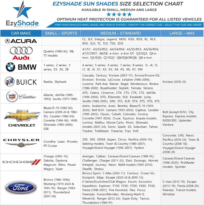 EzyShade Windshield Sun Shade w/ Shield-X Reflective Technology. See Size-Chart gallery